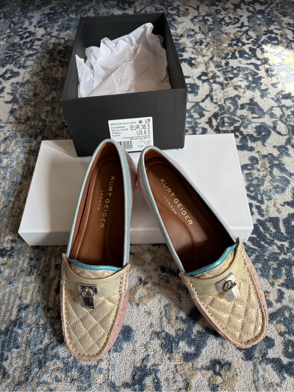 Kurt Geiger Metallic Quilted Loafers in Gold and Pink with Teal Trim